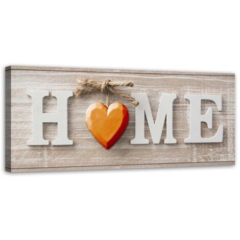 Image sur toile, Inscription Maison avec un coeur orange sur bois clair - 90x30 (1/5)