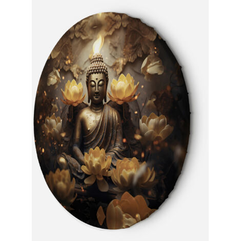 Tableau sur toile Image circulaire AI Bouddha doré et fleurs de lotus 80x80 (1/5)