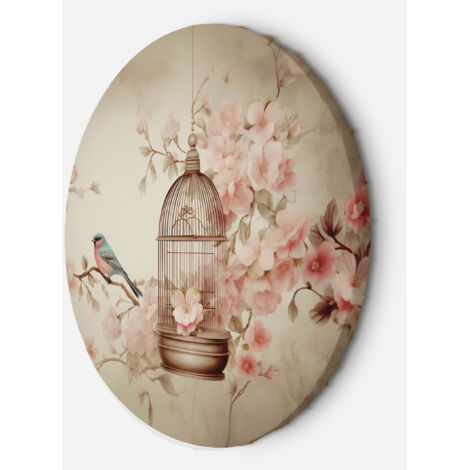 Tableau sur toile Image circulaire Oiseau sur une branche et cage vintage 60x60 (1/5)