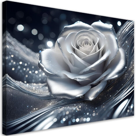 Tableau déco Fleur de rose argent 60x40 (1/5)