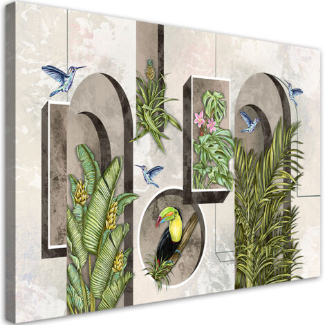 Tableau sur toile Formes dans le mur avec des plantes et des oiseaux Toucan Koliber 100x70 (1/5)