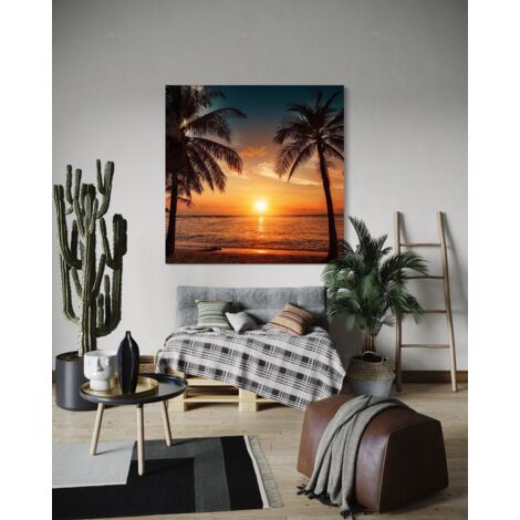 Tableau sur toile Coucher de soleil plage palmiers 40x40