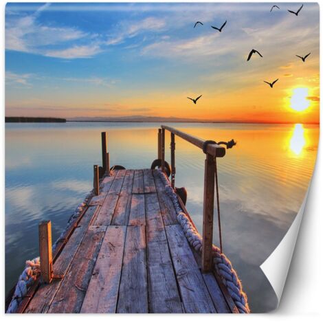 Papier peint photo, Coucher de soleil sur le lac et oiseaux en vol - 100x100 (1/5)