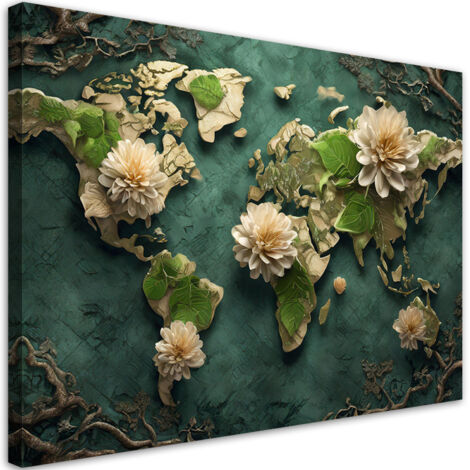 Tableau déco Fleurs Carte du Monde Blanc 100x70 (1/5)