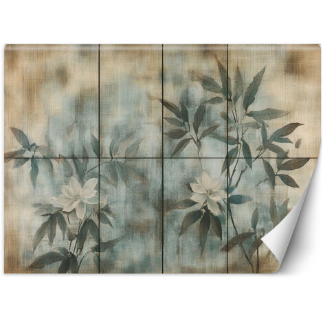 Papier peint pousses de plantes et fleurs sur fond pastel 100x70 (1/5)