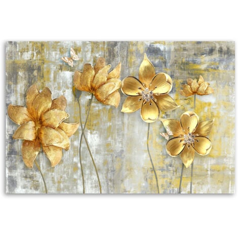Tableau sur toile, Fleurs et papillons dorés - 60x40 - 3