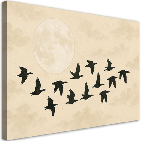 Tableau déco Oiseaux Lune Aquarelle Beige 90x60 (1/5)