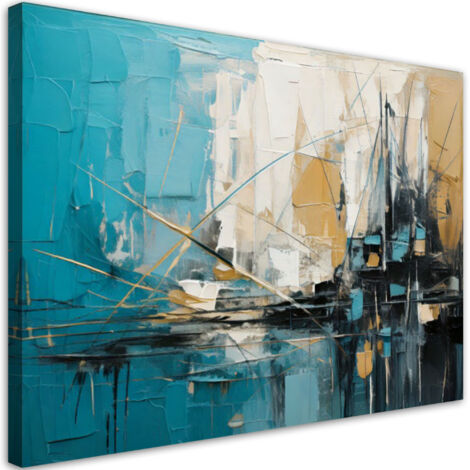 Tableau déco abstraction l'huile turquoise beige 60x40 (1/5)