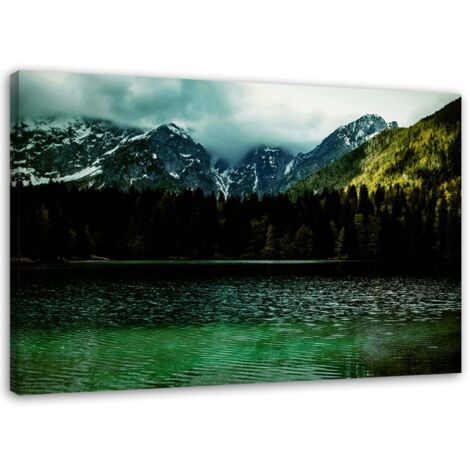 Tableau sur toile Lac Montagne Forêt Brouillard 90x60 (1/5)