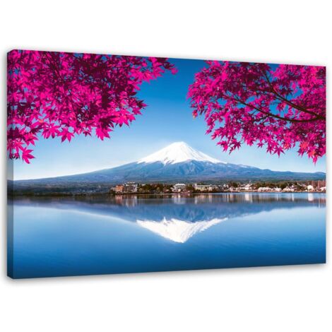 Cadre déco montagne Fuji lac feuilles roses 60x40 (1/5)