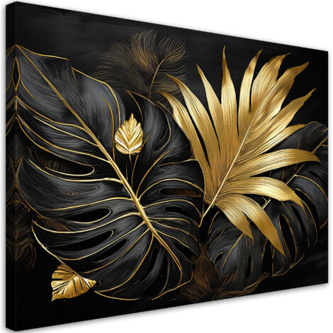 Tableau déco Noir et or Feuilles de monstera 60x40