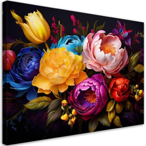 Tableau déco Bouquet de pivoines et de tulipes colorées 90x60 (1/5)