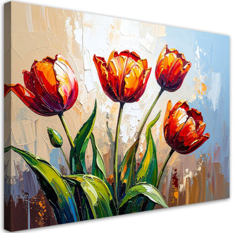 Tableau déco Fleurs rouges Tulipes sur fond beige imitation peinture 60x40 (1/4)