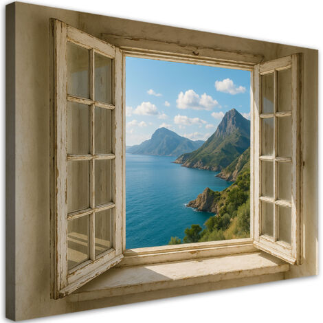 Tableau déco Vue depuis la fenêtre Mer Montagnes Shabby Chic 60x40 (1/4)