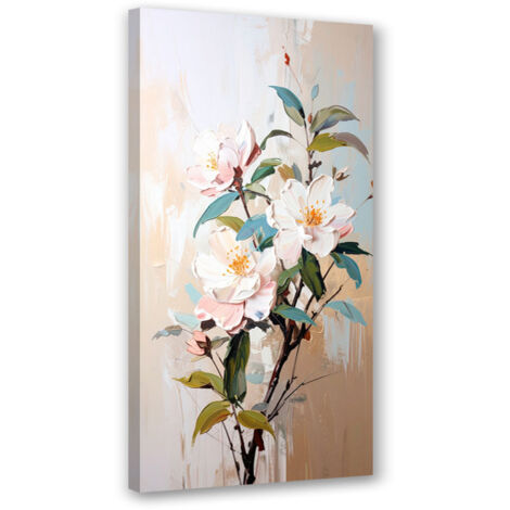 Tableau déco Fleurs blanches Brins Feuilles Effet peinture 50x100 (1/4)