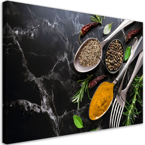 Tableau déco Marbre Épices Coutellerie de cuisine 90x60 (1/5)