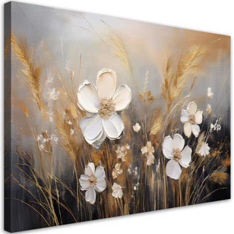 Tableau déco Fleurs Herbes des champs Boho Beige 90x60 (1/5)