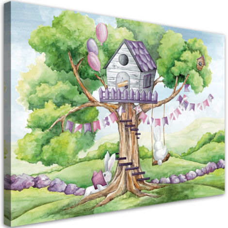Tableau sur toile Hut lapins blancs sur l'arbre 100x70 (1/5)