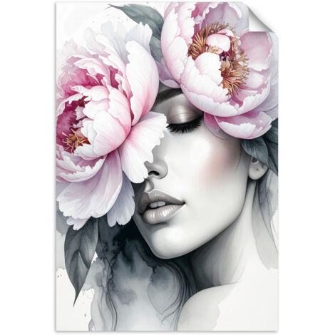 Poster autocollant Fille avec des fleurs de pivoine sur la tête 20x30 (1/3)