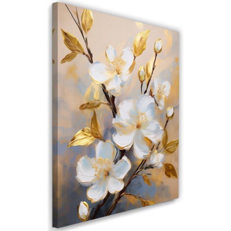 Tableau déco Fleurs Magnolia Blanc Or 60x90 (1/5)