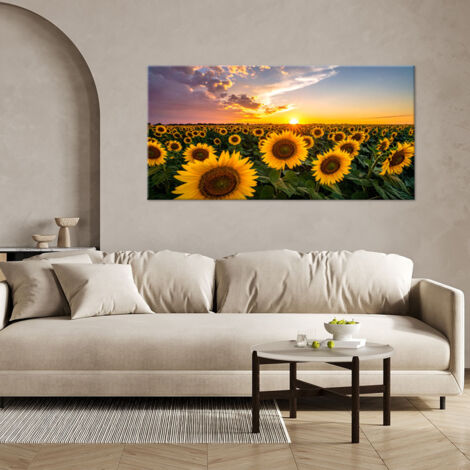 Tableau déco Champ de tournesols coucher du soleil 80x40