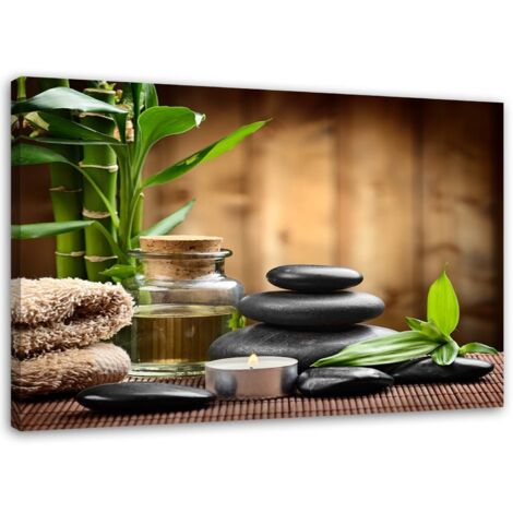 Tableau sur toile, composition zen avec pierres noires et bambou - 100x70 (1/5)