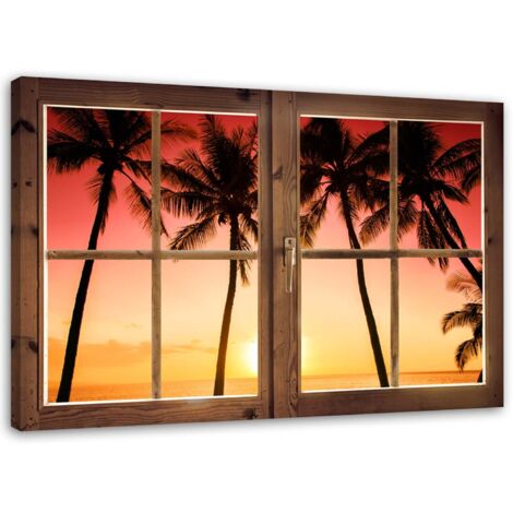 Tableau sur toile Palmiers fenêtre coucher de soleil 60x40 (1/5)