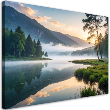 Tableau déco Vue lac forêt dans la brume 100x70 (1/4)