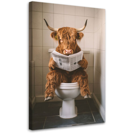 Tableau déco Vache écossaise avec du papier journal dans les toilettes 40x60 (1/5)