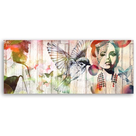 Tableau sur toile Femme oiseaux et papillons 90x30 - 2