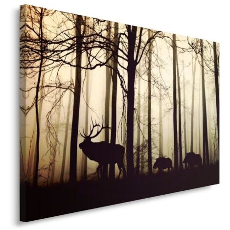 Tableau sur toile Cerfs dans la forêt Brouillard Marron 100x70 (1/5)
