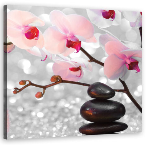 Tableau sur toile Des pierres zen et une brindille d'orchidée 40x40 (1/5)