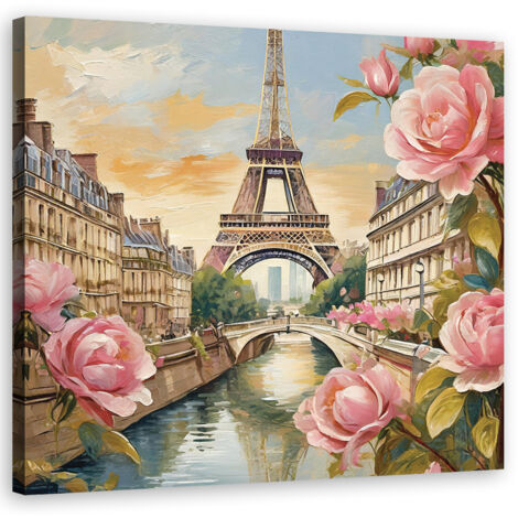 Tableau déco Paris Tour Eiffel Fleurs Roses 50x50 (1/5)