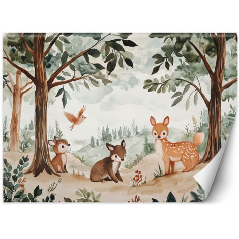 Papier peint pour chambre d'enfants Cerf Oiseau Animaux de la forêt Beige 200x140