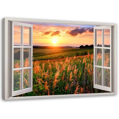 Image sur toile, Fenêtre - vue d'un champ de fleurs - 100x70 (1/5)