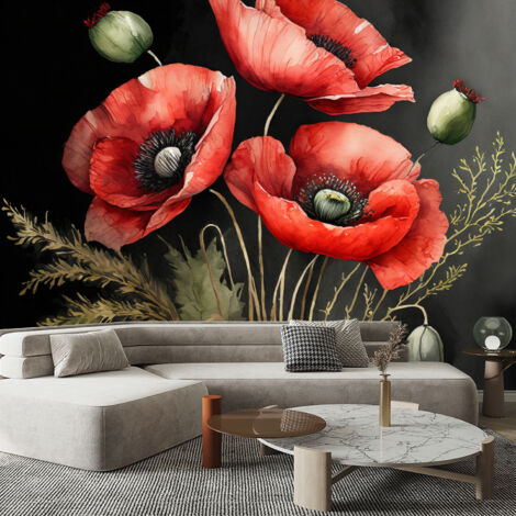 Papier Peint Photo Premium Non Tissé - Motif Coquelicots Lumineux Sur Fond Blanc - Marque Wallario