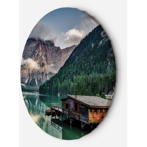 Tableau sur toile Image circulaire Chalet au bord d'un lac dans les montagnes 40x40 (1/5)