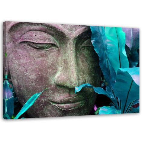 Tableau sur toile Bouddha et feuilles de turquoise 60x40 (1/5)