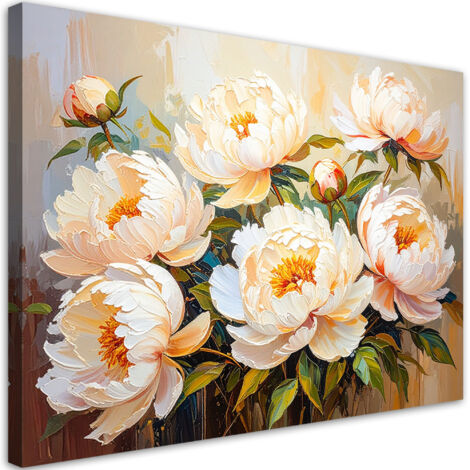 Tableau déco Pivoines Fleurs sur fond beige imitation peinture 90x60 (1/4)