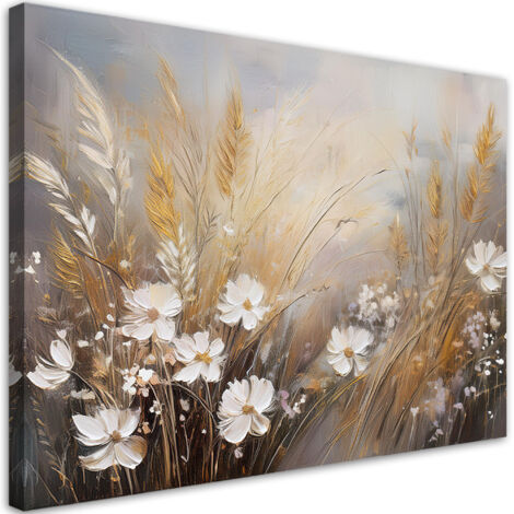 Tableau déco Champ d'herbes Fleurs Boho Beige 90x60 (1/5)