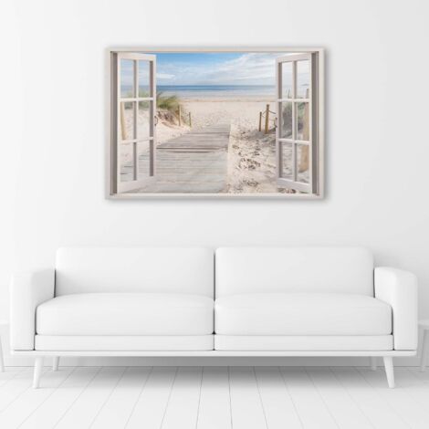 Toile Murale Fenêtre Avec Vue Sur La Plage Et La Mer - Impression Sur Toile - Plusieurs Tailles - Moderne