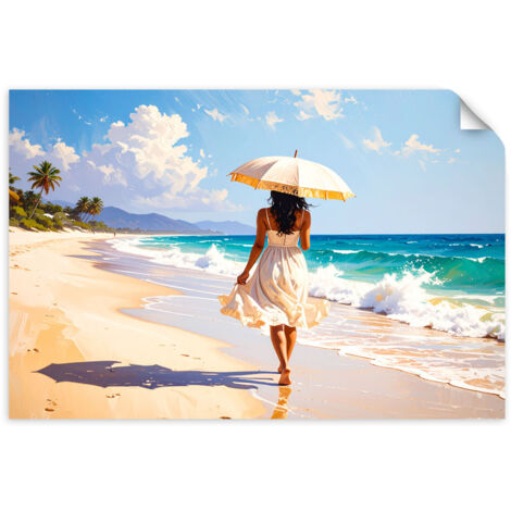 Autocollant Film Femme avec un parasol se promenant sur la plage 30x20 (1/3)