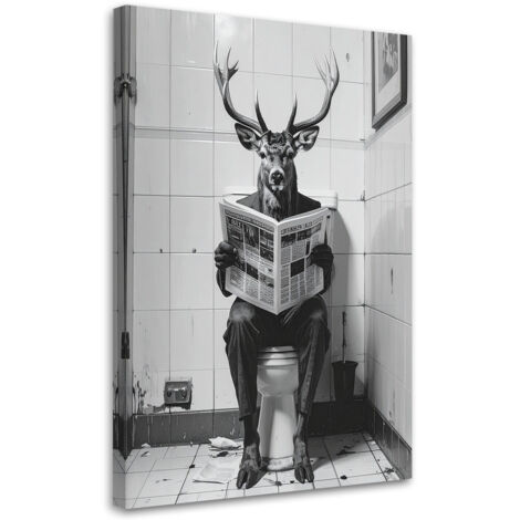 Tableau déco Cerf humoristique dans les toilettes lisant le journal noir et blanc 60x90 (1/4)