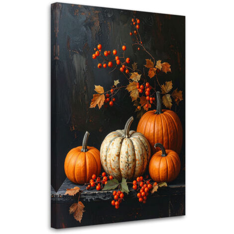 Tableau déco Composition automnale avec citrouilles décoration aux couleurs chaudes sur fond sombre 60x90 (1/4)