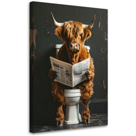 Tableau déco Vache écossaise lisant un journal noir et or 60x90