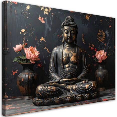 Tableau déco Bouddha Zen Spa Fleurs sur fond noir 60x40 (1/4)