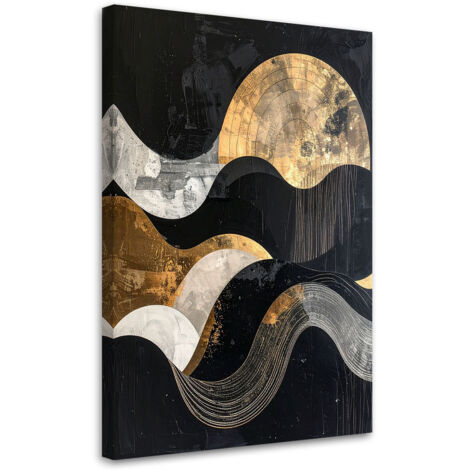 Tableau déco Abstraction géométrique dorée et noire dans un style glamour avec des vagues 60x90 (1/4)