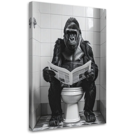 Tableau déco Singe drôle dans les toilettes gorille lisant le journal noir et blanc 40x60