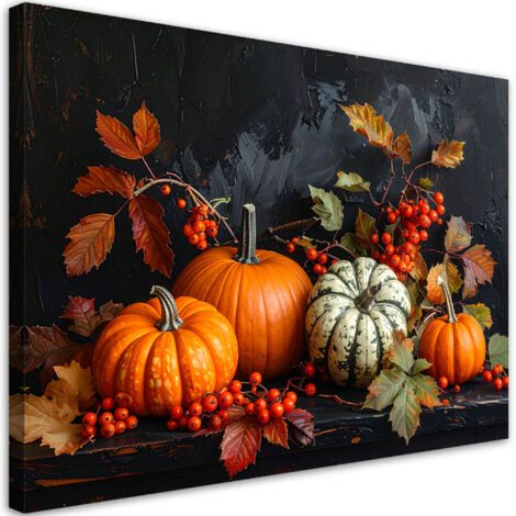 Tableau déco Citrouilles nature morte sur fond peint en noir 90x60 (1/4)