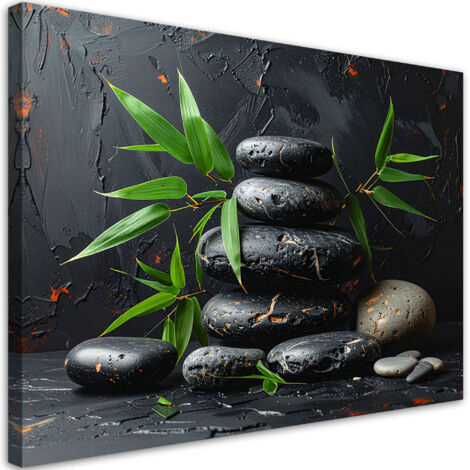 Tableau déco Pierres Zen Spa noires feuilles sur fond noir 60x40 (1/4)
